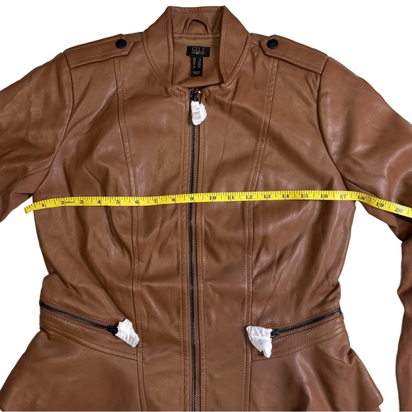 GILI British Tan Leather Peplum Jacket Coat 
Size 2  Zip Front and Sleeves NWT - Picture 12 of 17